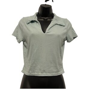 Brit&Bri Collared V-Neck Ribbed Mint Teal Crop Top Shirt